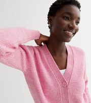 New Look Pink Ribbed Knit Button Front Cardigan